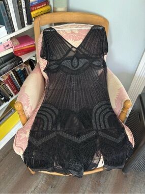 Stunning Black Beaded Sheer Short Sleeve Dress - Women Intimates & Sleepwear